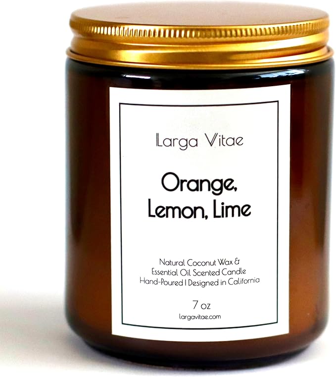 Orange, Lemon, Lime Coconut Wax Candle Non Toxic Aromatherapy Candle with Essential & Prime Rated Natural Fragrance Oils, Clean Burning Amber Jar Candle, 7 oz Small Batch
