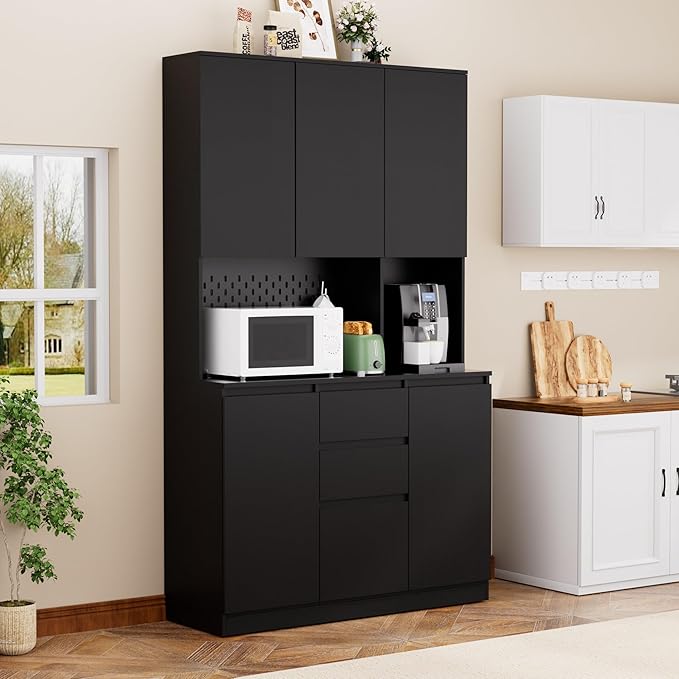 Tatub 74” Pantry Cabinet with Power Outlet, Kitchen Hutch with Storage & Microwave Shelf, Black Kitchen Pantry Storage Cabinet with LED Light Strip