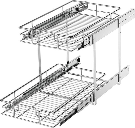 LOVMOR 2 Tier Individual Pull Out Cabinet Organizer 11"W x 21"D, Slide Out Kitchen Cabinet Storage Sliding Shelves