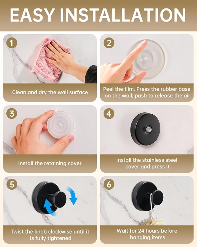 Suction Cup Hooks for Shower, Suction Cup Hooks for Door Wreaths, Robe Towel Hooks Heavy Duty for Bathroom Hanging, Windows, Kitchen, Glass, Mirror, No Drilling, 6 Pack (Black)