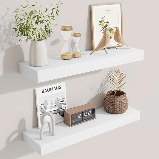 Fun Memories Floating Shelves Set of 2, 24 Inch Floating Shelves for Wall, Wood Wall Shelves with Invisible Brackets, for Bathroom, Bedroom, Living Room, Kitchen, White