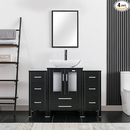 eclife 48" Modern Bathroom Vanity Sink Combo Freestanding Cabinet with Small Side Cabinet, White Curved Ceramic Vessel Sink, Water Save Faucet, Drain (Black+T32)
