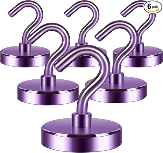Neosmuk Magnetic Hooks Heavy Duty,Strong Magnet with Hook for Fridge, Super Neodymium Extra Strength Industrial Hooks for Hanging, Magnetic Hanger for Toolbox, Cruise, Grill(Purple,6 Pack)