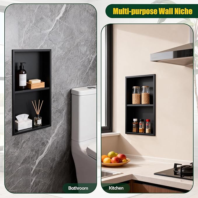 EasyVibe Matte Black 304 Stainless Steel Shower Niche 24 x 12 Inch, No Tile Needed Double Shelf Recessed Shower Wall Insert, Waterproof Bathroom Organizer for Toiletries & Storage