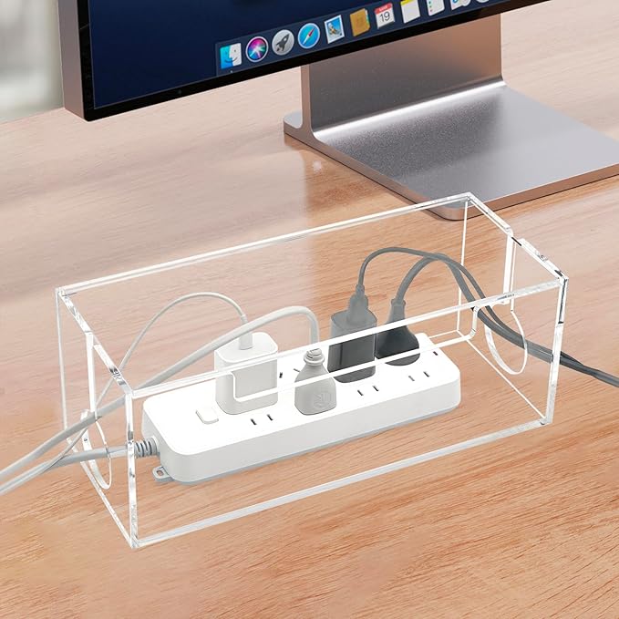 Cable Cord Organizer Box, 2 Open Slots Cords Hider Box, Under Desk Power Strip Organizer and Floor Cables Storage, Clear