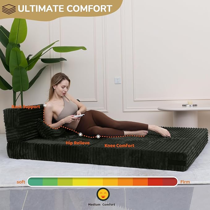 Folding Sofa Bed Queen Size, Convertible Sleeper Chair Loveseat with Pillow, Futon Chair Sofa Bed, Fold Out Floor Couch, Foldable Mattress for Living Bedroom Guest Room Dorm, Charcoal Moss Grey
