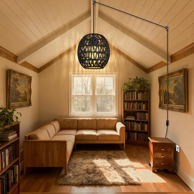 SLYYMY Plug in Pendant Light, 15FT Hemp Rope Cord, Hanging Lamps Rattan Pendant Light, On/Off Switch Hanging Lights for Bedroom Living Kitchen Black