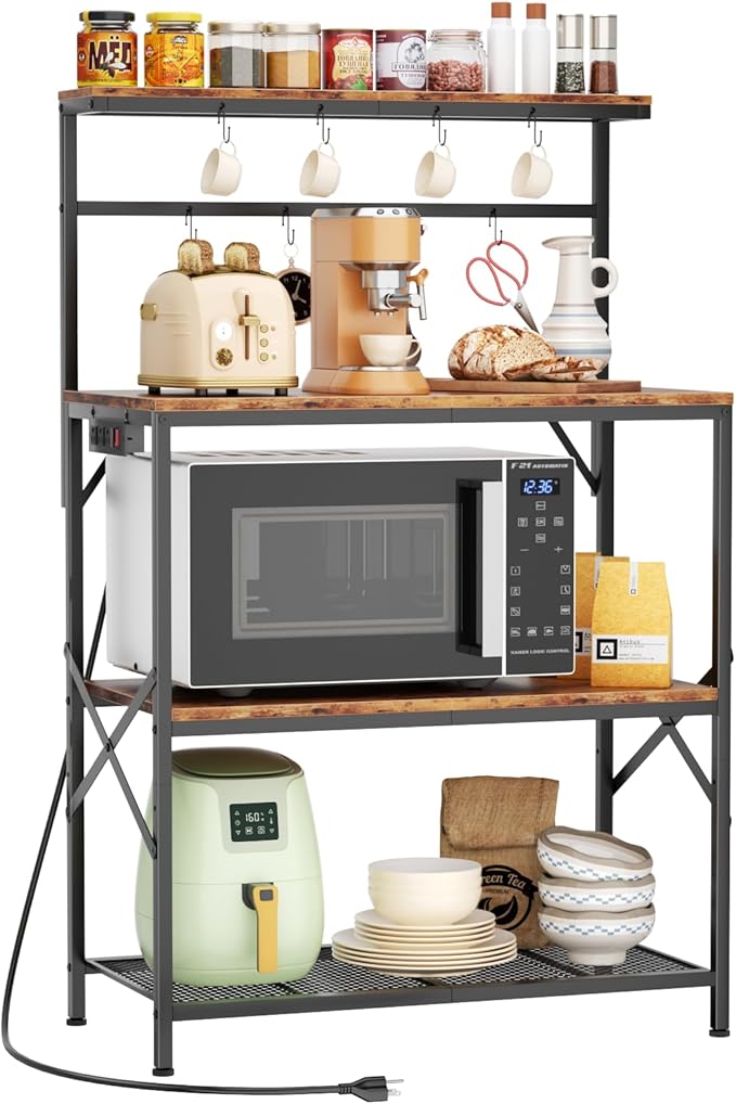 Bakers Racks for Kitchens with Power Outlets, Microwave Stand with 31.5 x 15.7 Inch Larger Desktop, Coffee Bar with Adjustable Middle Shelf, 8 S-Shaped Hooks, Rustic Brown