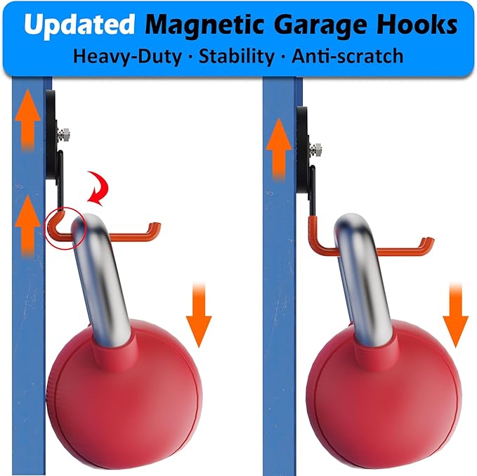 MUTUACTOR New Updated Magnetic Garage Hooks Heavy Duty,40lbs Anti-Scratch Magnetic Hooks for Hanging,2PCS Rubber Coated Magnets with Hook for Storing Heavy Impact Drivers Trailer Cord Garden Tool Box