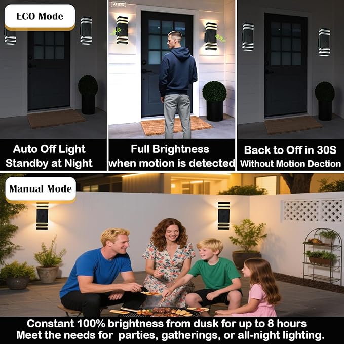 Motion Sensor Outdoor Wall Lights with 3 Lighting Modes, Dusk to Dawn Porch Light with Bulbs Include, IP65 Waterproof Modern Black Wall Sconce for Patio, Garage, Front Door