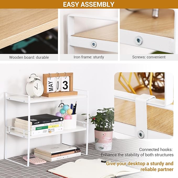 YGYQZ Desk Organizer Shelf，2 Tier Detachable Table Top Bookshelf, Freestanding Display Shelf for Office, Dormitory, Home,White+White