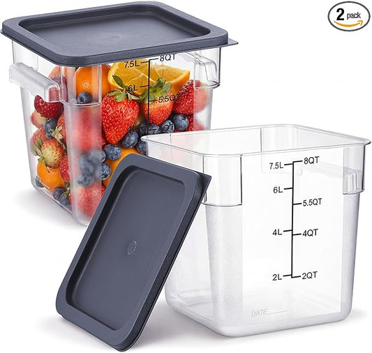 Suclain 2 Pcs Square Food Storage Container Polycarbonate Clear Food Container with Gray Lid Commercial Rice Storage with Gray Graduations for Commercial Kitchen(8 Qt)