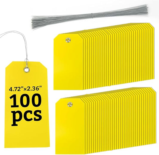 Yellow Shipping Tags with Wire - 100PCS 2.36" x 4.72" Plastic Hang Shipping Tags for Labeling,Waterproof Blank Tag, Wire Labels with String for Outdoors,Price,Inventory,Garage Sales,Luggage Clothing