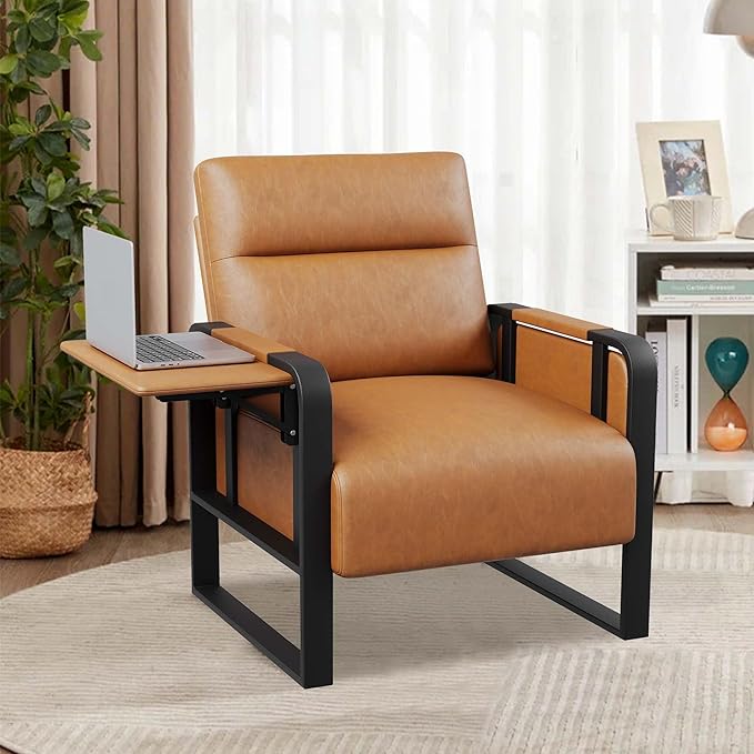 Modern Brown Accent Chair PU Leather Upholstered Armchair with Tray Table for Bedroom Living Room Chairs Office Chair