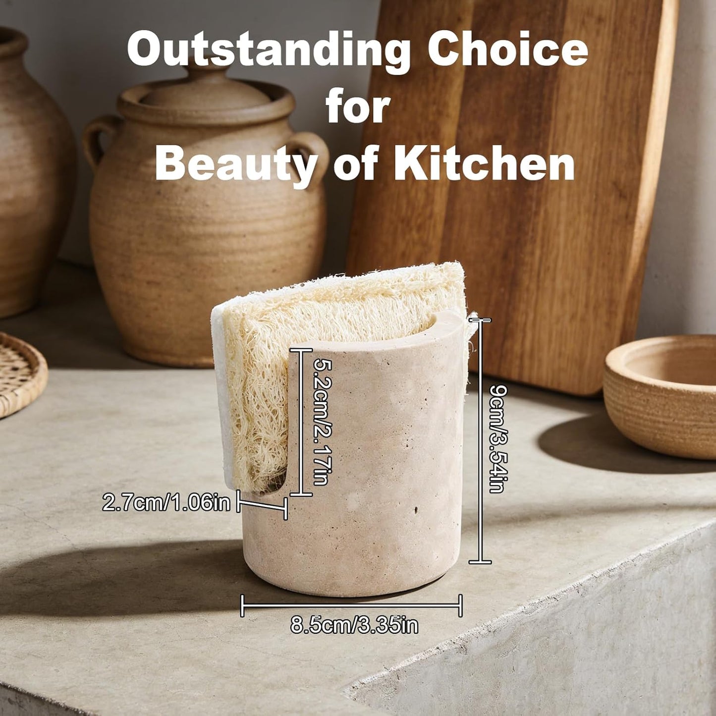 Natural Travertine Sponge Holder for Kitchen Sink Counter w A Plant-Based Kitchen Sponge, Fast Drying, Durable, Compact, Wabi-Sabi & Unique Sponge Caddy, Sink Organizer, Beige Travertine Decor