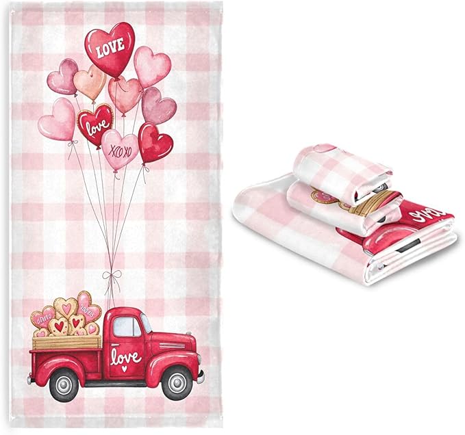 Pink Heart Truck Plaid Towels Set of 3 Romantic Love Car with Ballon Spring Bathroom Towel Soft Absorbent Bath Hand Towels Washcloth Guest Towel Sets Mother's ValentineDecorations