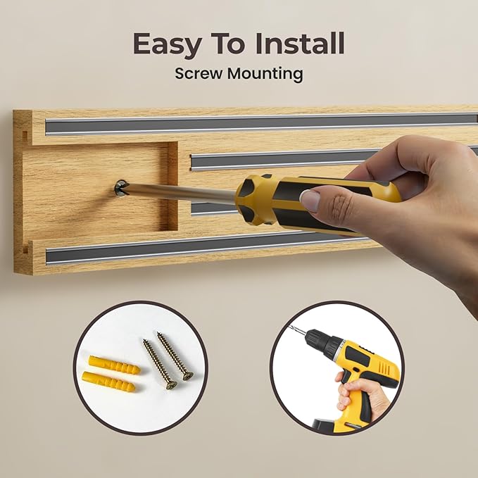 Extendable 32Inch Magnetic Knife Holder for Wall with Screw & Adhesive Mounting, Wood Magnetic Knife Strip from 16 to 32 Inch for Knife Bar, Knife Holder, Kitchen Utensil Organizer or Tool Room
