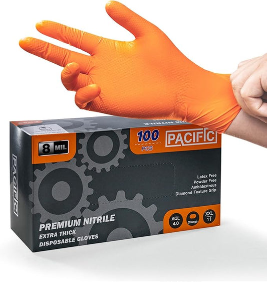 PACIFIC PPE 8 Mil Heavy-Duty Strength Nitrile Gloves, Chemical Resistant, Diamond Texture Industrial Disposable Gloves, Orange, 100PCs, XX-Large