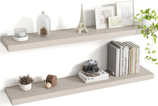 40 Inch Floating Shelves, 8 Inch Deep Floating Shelves for Wall, Hanging Shelf with Invisible Brackets, Deep Shelves for Bathroom, Bedroom, Living Room, Grey, Set of 2