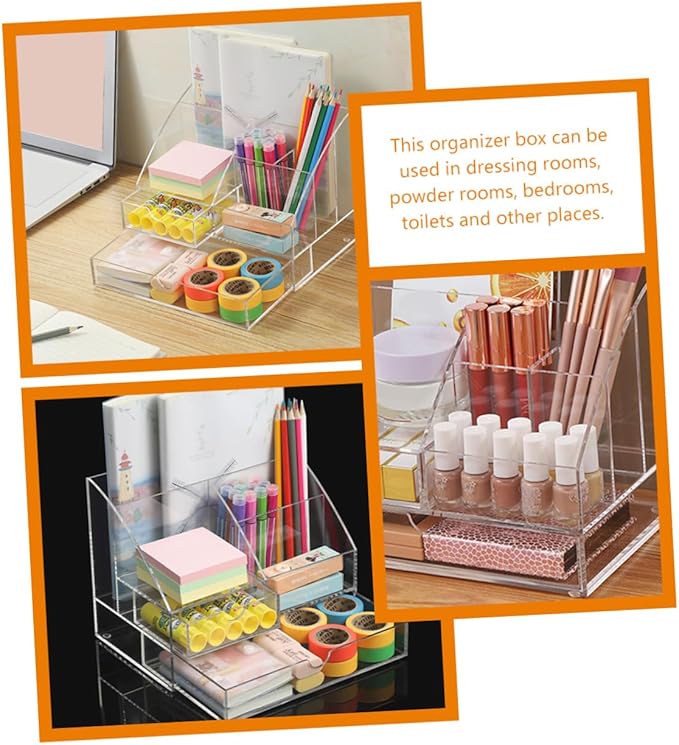 PRETYZOOM Acrylic Makeup Organizer Storage Box Desktop Stationery Organizer Multi-compartment Lipstick Drawer for Home Office