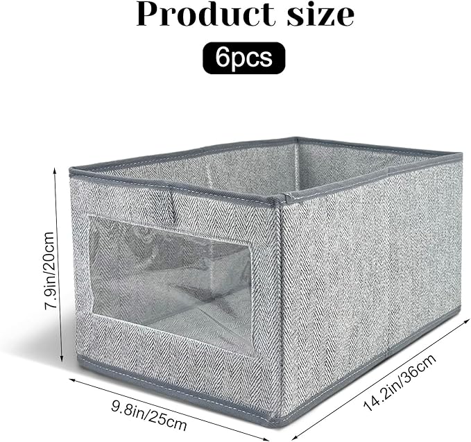 6 Pieces Linen Closet Storage Bins with Clear Window, Shelf Basket Closet Clothes Organizer Storage Containers for Organizing Shelves Wardrobe Office Clothing Books