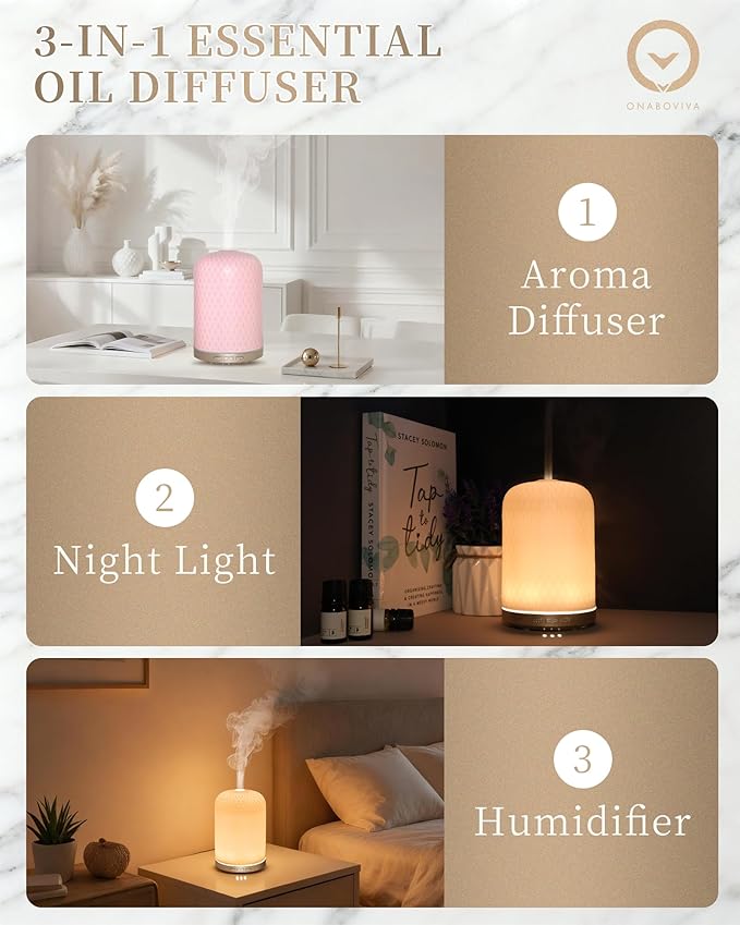 Essential Oil Diffuser -2.4MHz Ultrasonic Pink Ceramic Diffuser for Home,120ml, Pulse&Continuous Mist, Bright/Dim/Breathing Lighting, Waterless Auto-Off, Aromatherapy Diffuser with USB Cable
