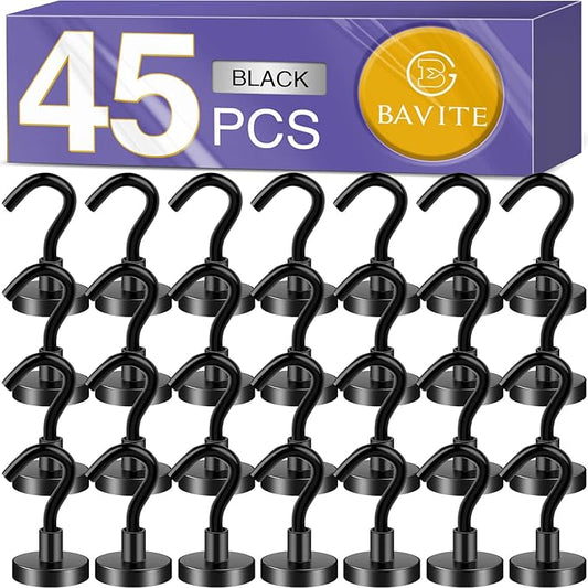 E BAVITE Magnetic Hooks, Strong Magnet Cruise Hook for Hanging, Grill, Towel, Home, Kitchen, Workplace, Office and Garage - 45 Pack（Black）