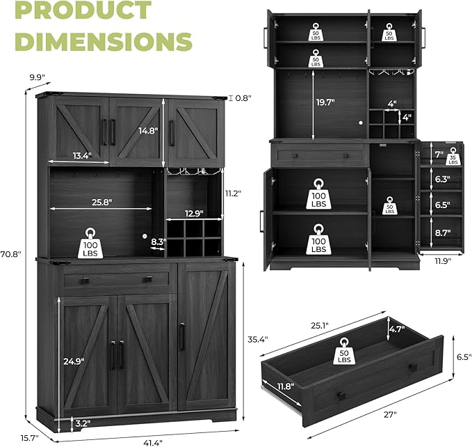 Dripex 71" Pantry Cabinet with Charging Station, Farmhouse Kitchen Pantry Storage Cabinet with Outlet & LED Light, Microwave Stand, Tall Kitchen Hutch with Storage for Living Room, Dining Room, Black