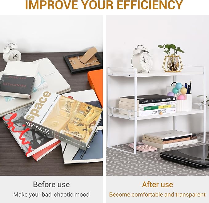 YGYQZ Desk Organizer Shelf，2 Tier Detachable Table Top Bookshelf, Freestanding Display Shelf for Office, Dormitory, Home,White+White