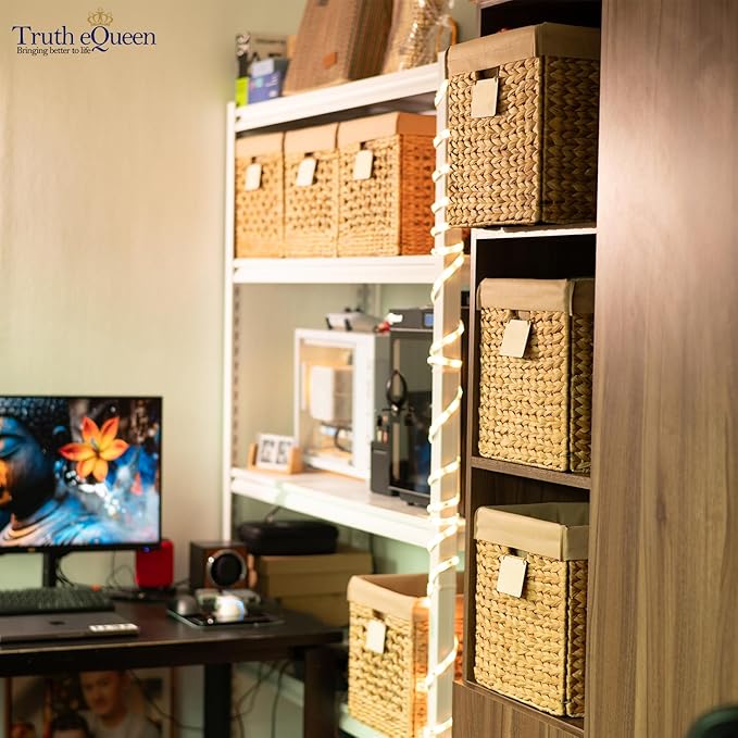 Water Hyacinth Storage Baskets For Organizing, Wicker Baskets For Storage Cube Organizer, Rattan Basket Set, Woven Basket Organizer, Canastas Para Organizar, Cube Shelf, Cubes Bins 12x12 In, 4 Psc