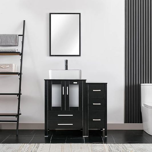 eclife 36" Modern Bathroom Vanity Sink Combo Freestanding Cabinet with Small Side Cabinet, White Black Ceramic Vessel Sink, Water Save Faucet, Drain (Black+T03BK)