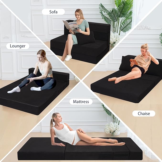Sofa Bed Foldable Mattress ，Folding Sleeper Sofa Chair Bed Floor Mattress with Pillow for Living Room Home Office (Black-Corduroy, Twin)