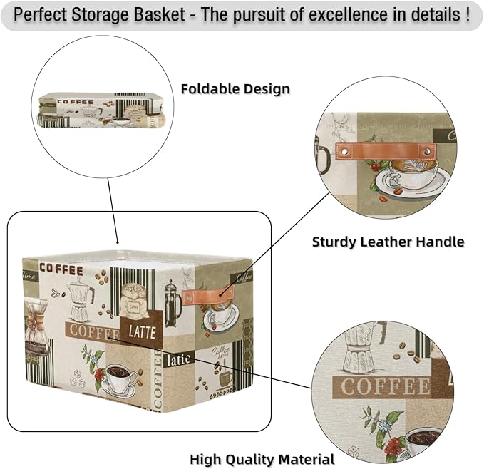 Rectangle Storage Baskets for Organizing - Foldable Storage Bin Cubes with Handles, Large Organizer Bins Boxes Toy Closet Shelf Nursery Laundry Basket, 1 Pcs(Coffee Time Theme)