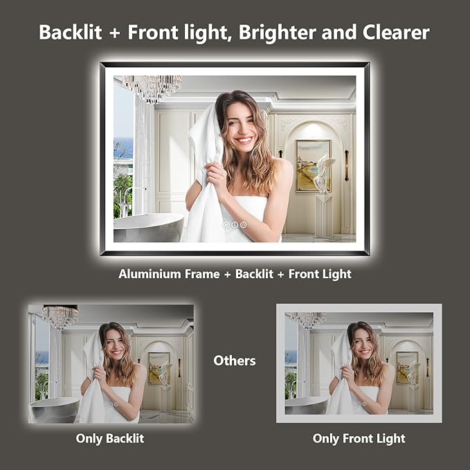 48x38 Black Framed LED Bathroom Mirror with Lights, Backlit and Front Light, Lighted Bathroom Vanity Mirror for Wall Dimmable Anti-Fog Memory Tempered Glass Horizontal/Vertical