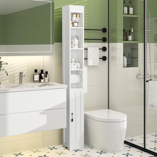 VECELO Narrow Bathroom Storage Cabinet with 3 Adjustable Shelves, 71" Tall Freestanding Cabinet with Toilet Paper Holder, Slim Tower Cabinet with Magnetic Door, for Small Spaces, White