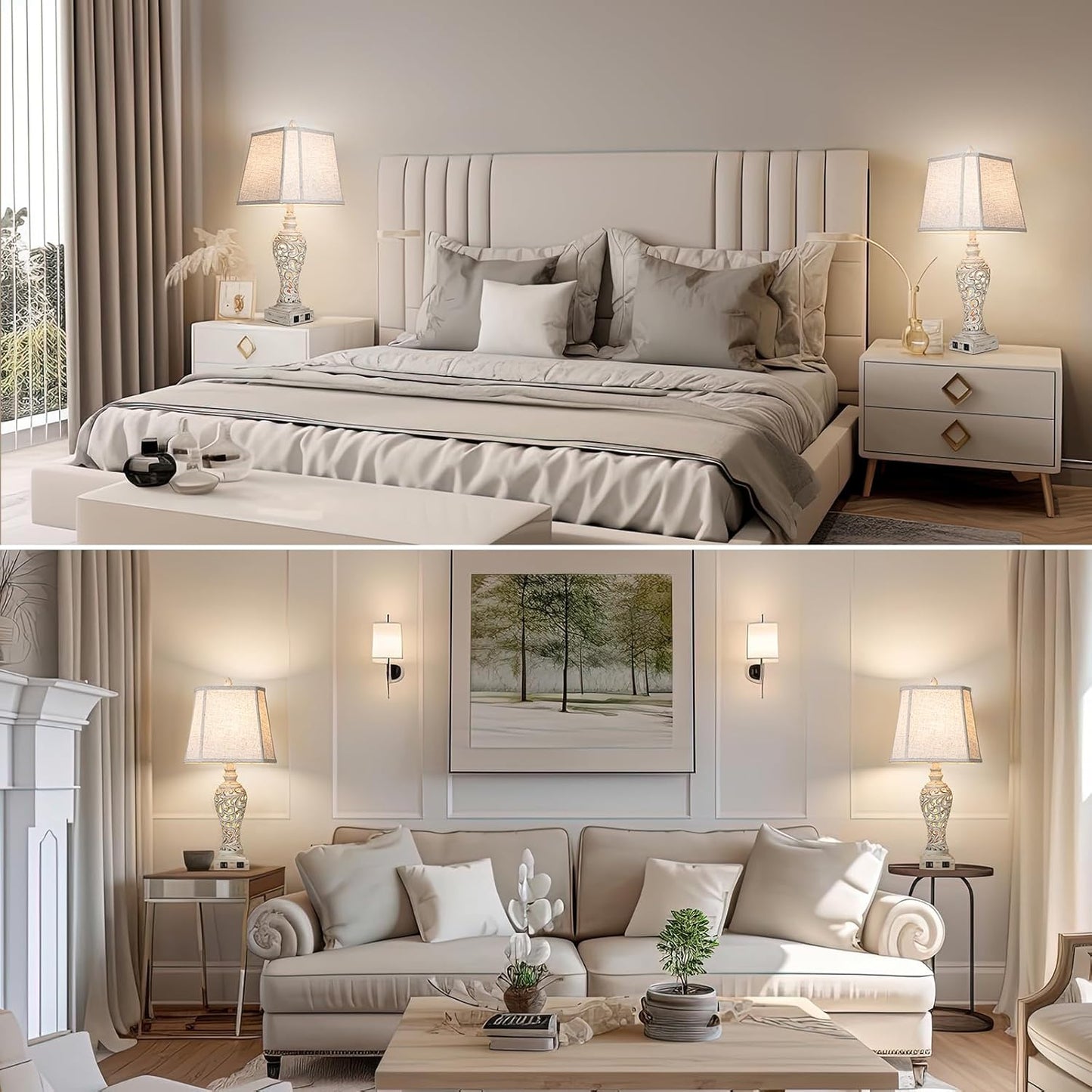 Linen Fabric Table Lamps Set of 2 – USB Port, Night Light, 28.5" Bedside Lamp