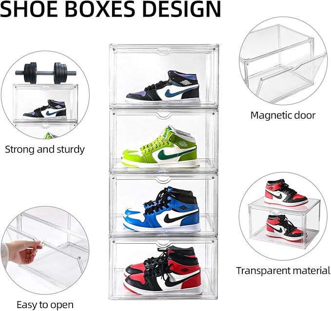 Clear Shoe Organizer,Stackable Shoe Display Case,Shoe Box Storage Bins with Magnetic Door,Fit Shoe Size Up to US 14 (X-Large-1Pack)