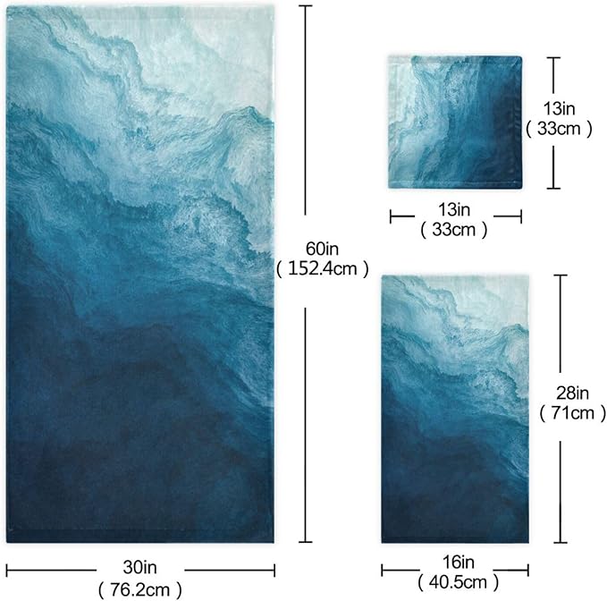 3 Piece Blue Sea Waves Bath Towel Set,Microfiber Modern Abstract Navy Ocean Beach Theme Decorative Guest Bathroom Towels,1 Bath Towel 1 Hand Towel for Bathroom Kitchen,1 Washcloth for Face