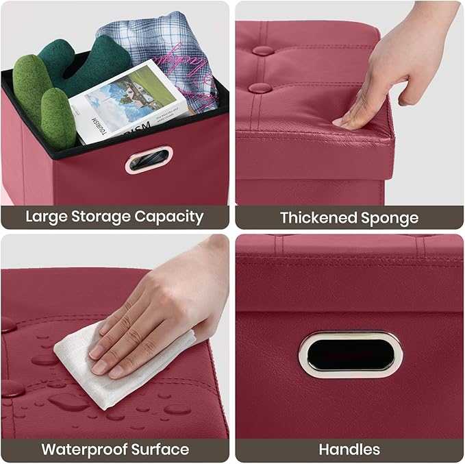 COSYLAND Storage Ottoman Foot Rest - 17x13x13in Leather Ottoman Rectangle Foot Stool Folding for Room Dorm Small Collapsible Bench Seat Organizer Entryway Furniture with Handles Lid Burgundy