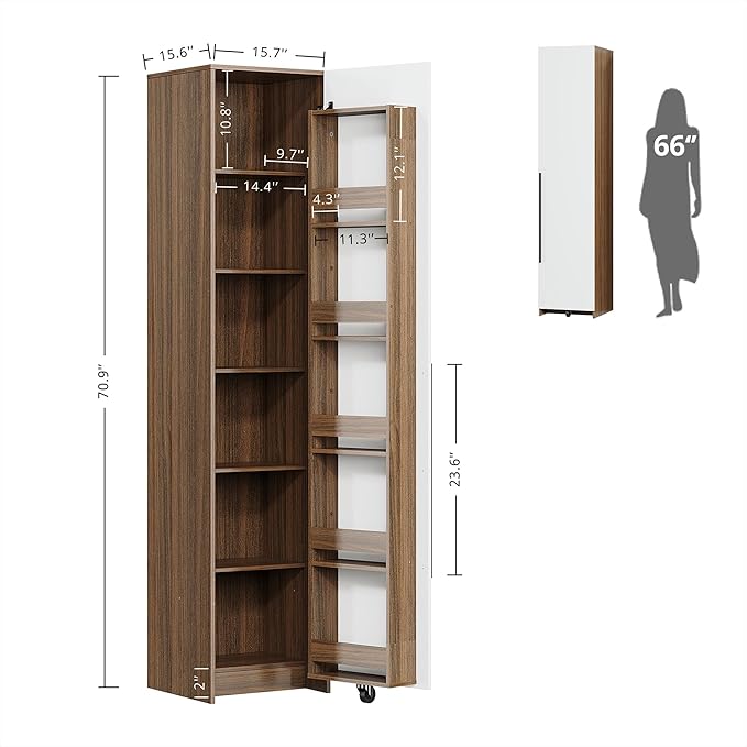 IRONCK 70" Pantry Storage Cabinet, Single Cabinet Pantry, Freestanding Tall Narrow Cupboard with 11 Adjustable Shelves for Dining Room, Living Room, Walnut and White