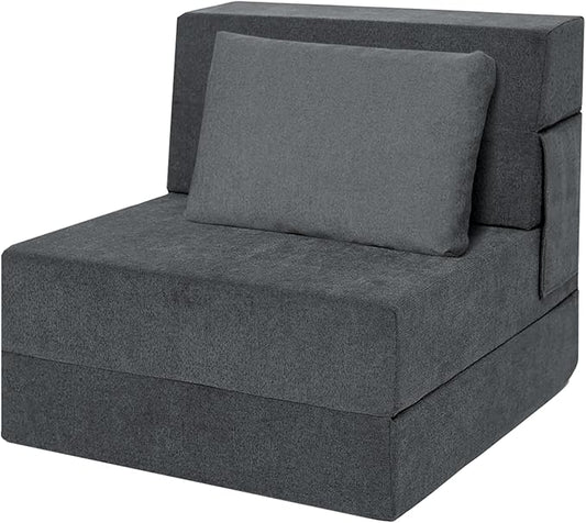 Folding Sofa Bed Chair with Pillow,Convertible Fold Out Chair Bed Sleeper,Foam Floor Mattress, Foldable Futon Couch Bed for Living Room/Dorm/Guest/Office (Grey, Single)
