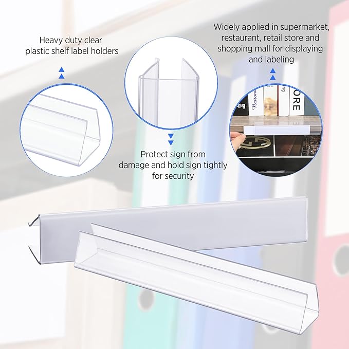 Teling 100 Pieces Shelf Label Holder, Clear Plastic 0.875'' x 6'' Shelves Clip Wood Tags Ticket Sign Label Metal Holders for 0.75'' Thick Shelves Includes Matched Blank Inserts Offices Libraries