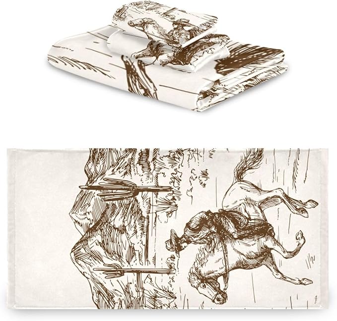 3 Piece Western Cowboy Bath Towels Set,Microfiber Absorbent American Country Riding Horse Cactus Desert Towels for Bathroom,1 Bath Towel,1 Hand Towel,1 Washcloth,Decorative Bathroom Towels