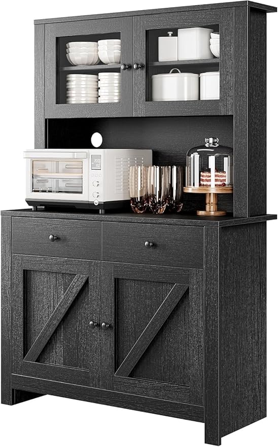 GarveeHome Kitchen Pantry Cabinet with Microwave Stand, Freestanding Hutch Cabinet with Buffet Cupboard, Tall Kitchen Cabinets with Adjustable Shelves for Dining Room, Black