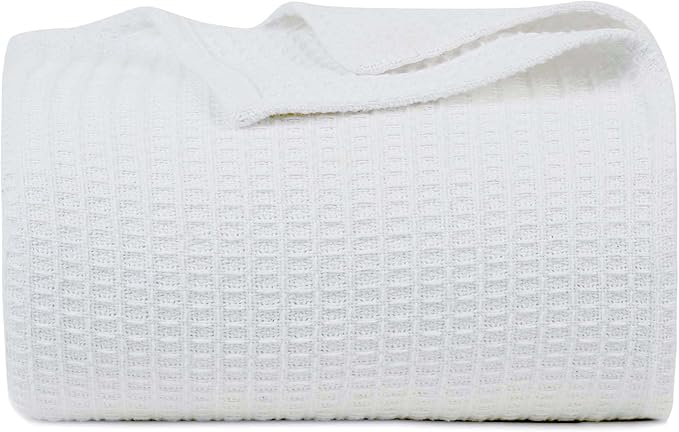 Bed & Bath Home Premium 100% Cotton Waffle Weave Blanket Queen Size – Soft Breathable Lightweight Comfort, Natural All-Season Bed Blanket, Easy-Care Bedspread for Bed & Couch (White)