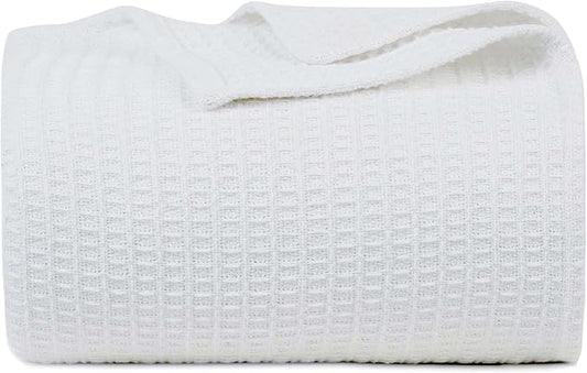 Bed & Bath Home Premium 100% Cotton Waffle Weave Blanket Queen Size – Soft Breathable Lightweight Comfort, Natural All-Season Bed Blanket, Easy-Care Bedspread for Bed & Couch (White)