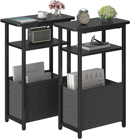 Narrow Side Table Set of 2, Skinny End Tables with Fabric Basket, Small Side Tables for Small Space,2-Tier Open Shelves with Basket, Slim Nightstands Set 2 for Bedroom,Livinroom,Office, Black