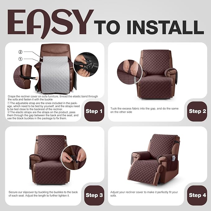 KinCam 100% Waterproof Recliner Chair Cover, Reclining Couch Covers for Pets, Dogs, Recliner Couch Slipcover Furniture Protector with Elastic Straps for Kids(30", Coffee)