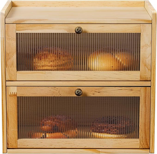 Bread Box for Kitchen Countertop Wooden Bread Storage Container Bin 2 Layer Corner Breadbox Large Capacity, Vintage Farmhouse Food Organizer Pantry Shelf with Window Natural Pine Wood