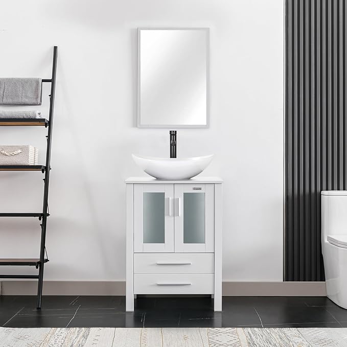 eclife 24" Modern Bathroom Vanity Sink Combo Freestanding Cabinet with Soft Closing Door, White Boat Ceramic Vessel Sink, Water Save Faucet, Drain (White+T44)